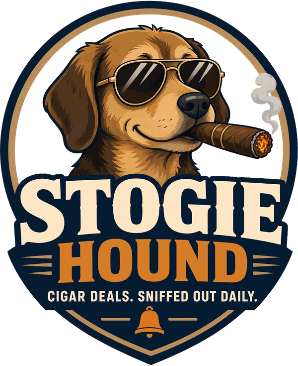StogieHound logo: a hound in gold aviators smoking a cigar